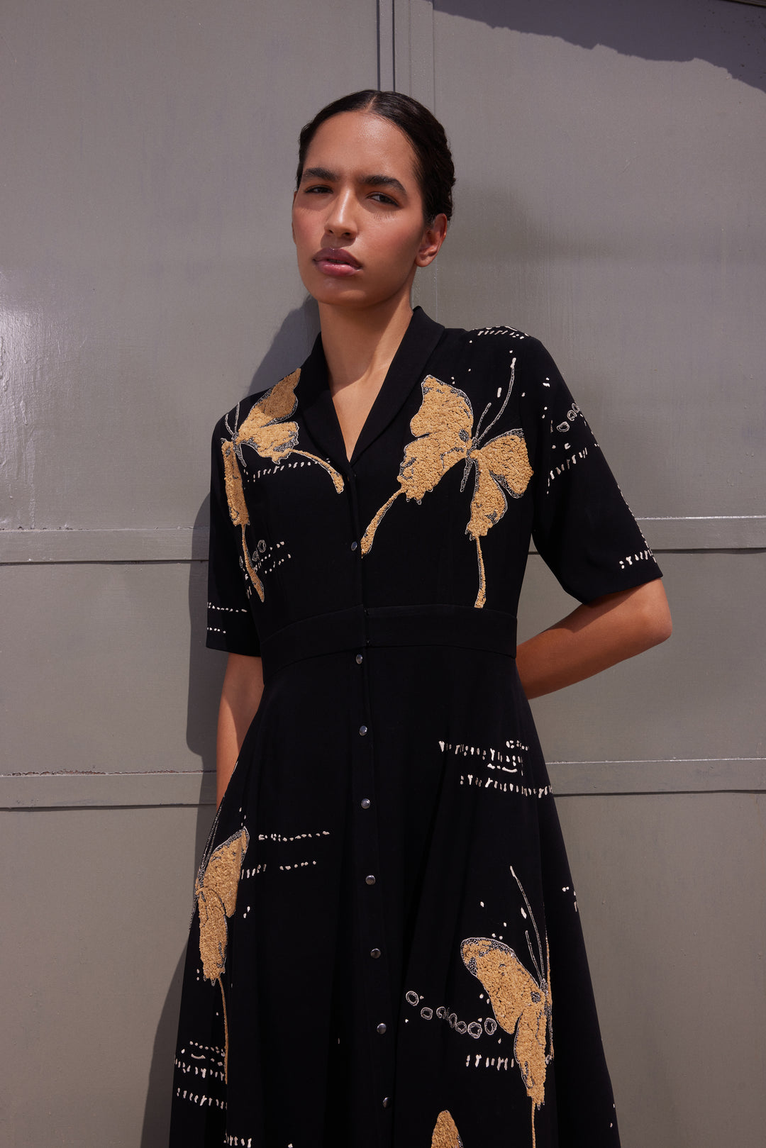 FADING BUTTERFLIES SHAWL COLLAR DRESS