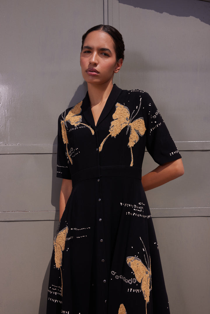 FADING BUTTERFLIES SHAWL COLLAR DRESS