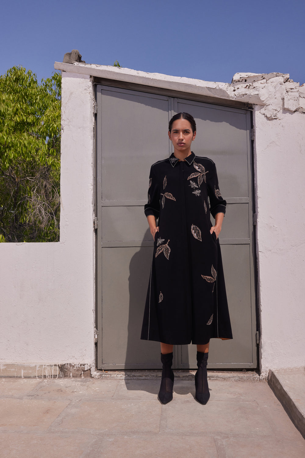 DRIFTING LEAVES FRONT OPEN FLARED DRESS