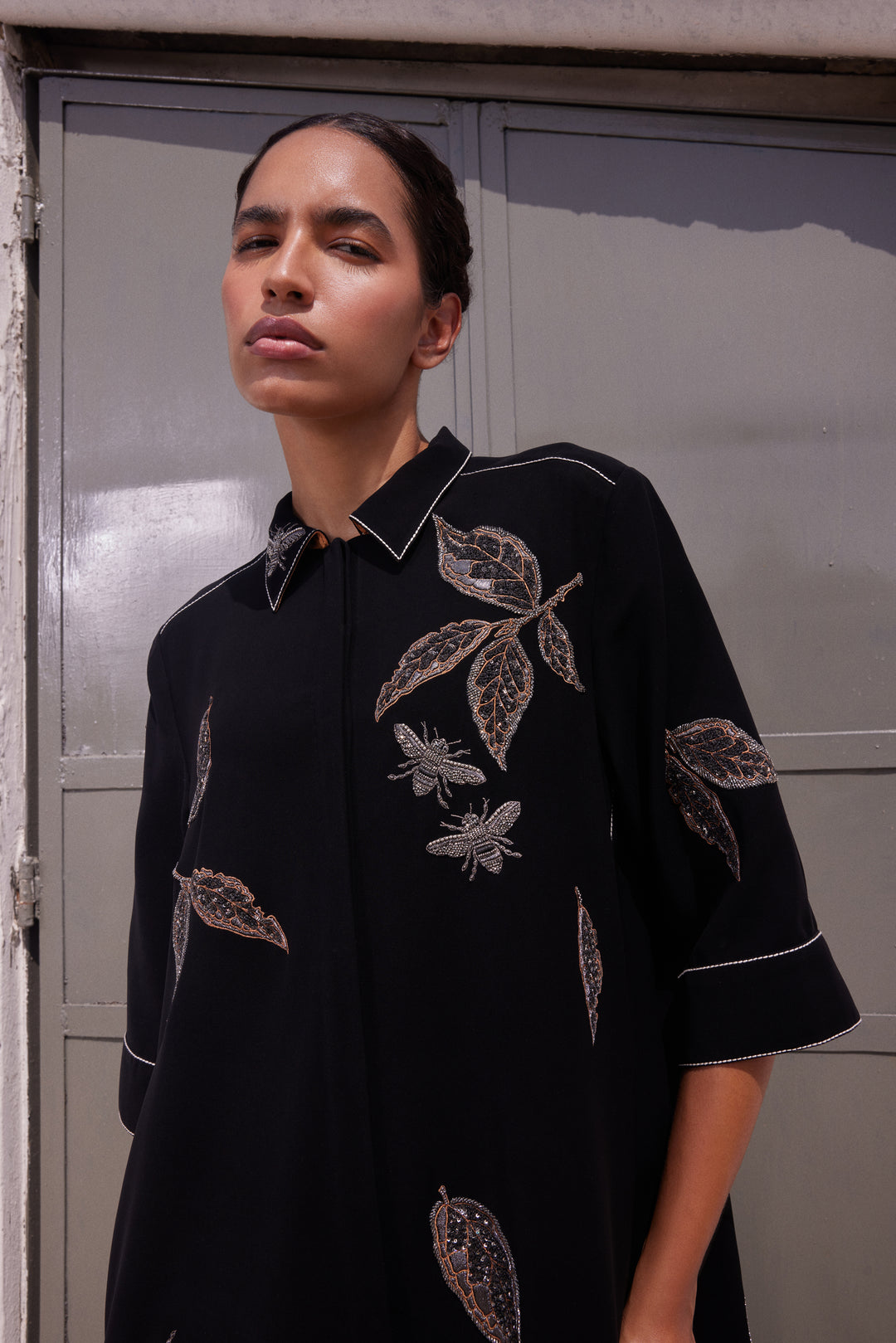 DRIFTING LEAVES FRONT OPEN FLARED DRESS