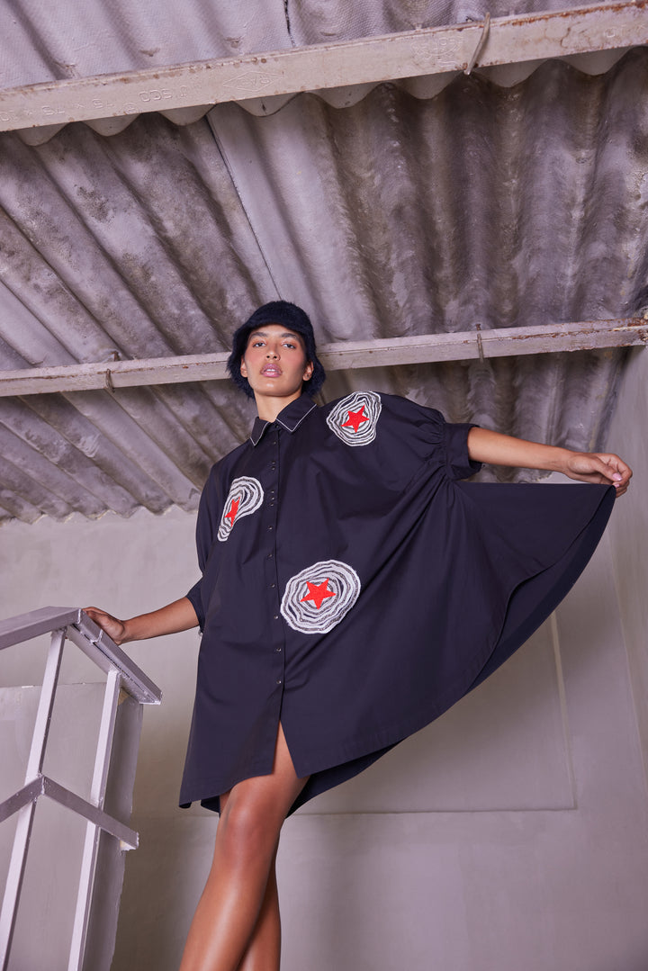 RADIANT STAR GATHERED SLEEVE SHIRT DRESS