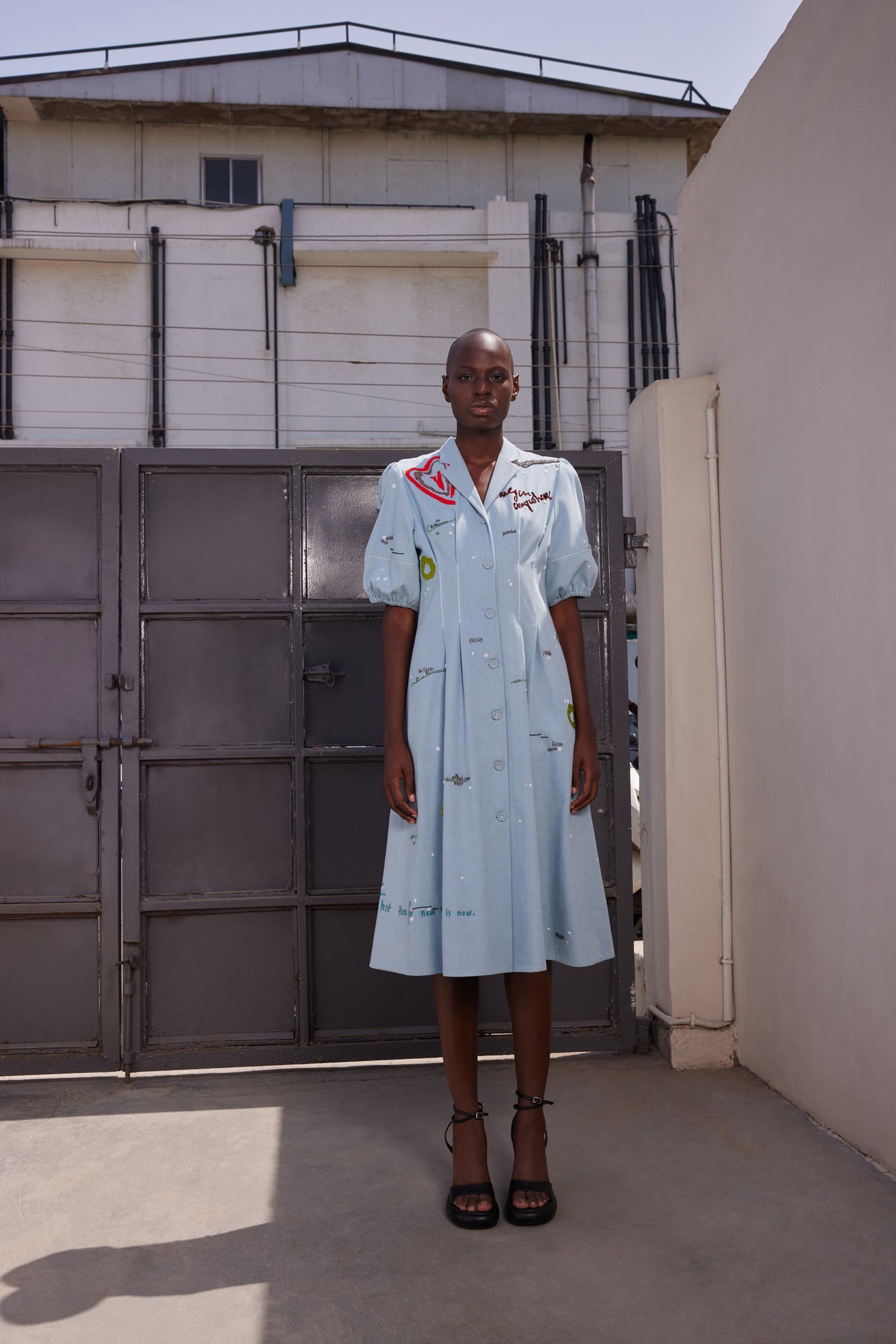 ART AND WORDS WAIST PLEATED FLARED DRESS