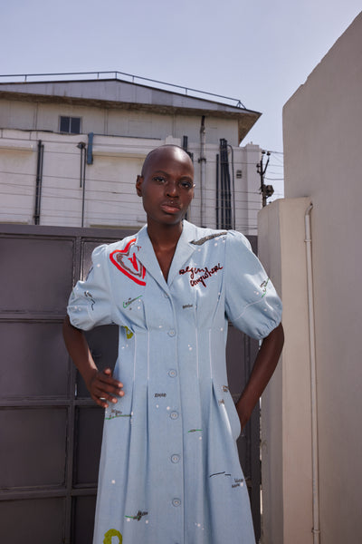 ART AND WORDS WAIST PLEATED FLARED DRESS