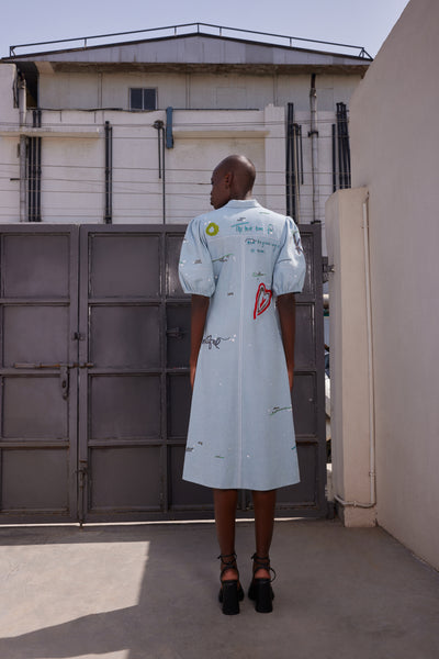 ART AND WORDS WAIST PLEATED FLARED DRESS