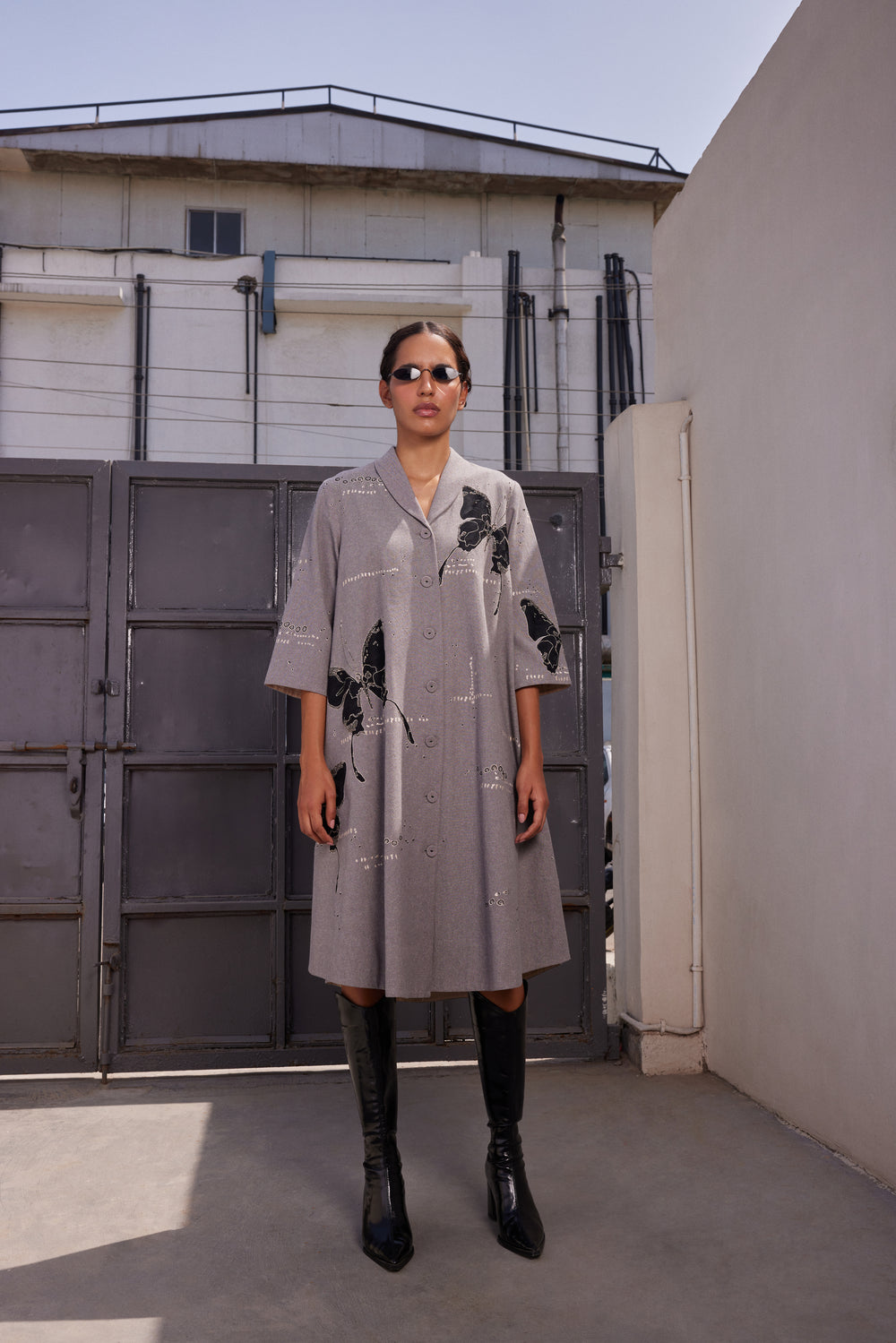 FADING BUTTERFLIES SHAWL COLLAR FLARED DRESS