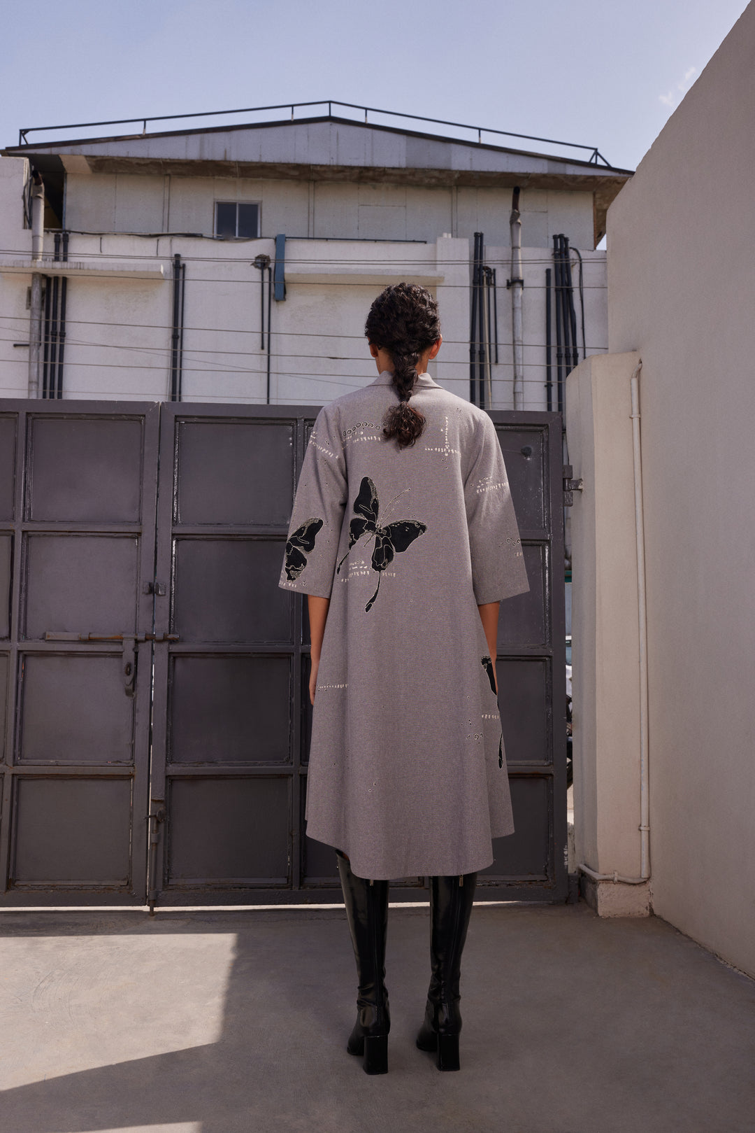 FADING BUTTERFLIES SHAWL COLLAR FLARED DRESS