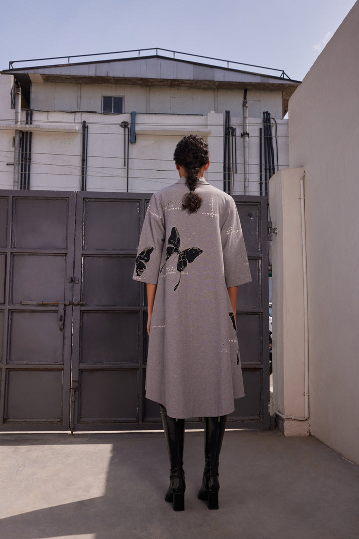 FADING BUTTERFLIES SHAWL COLLAR FLARED DRESS