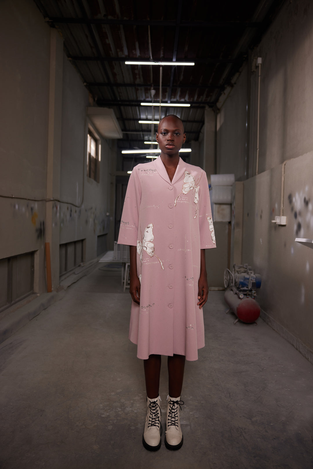 FADING BUTTERFLIES SHAWL COLLAR FLARED DRESS