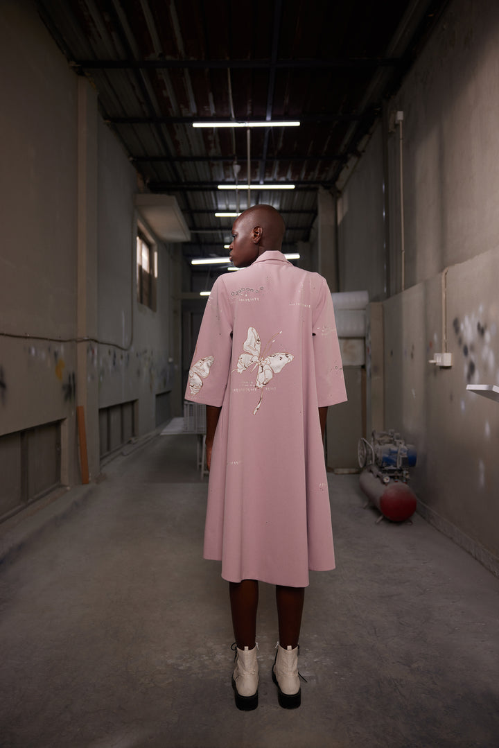 FADING BUTTERFLIES SHAWL COLLAR FLARED DRESS