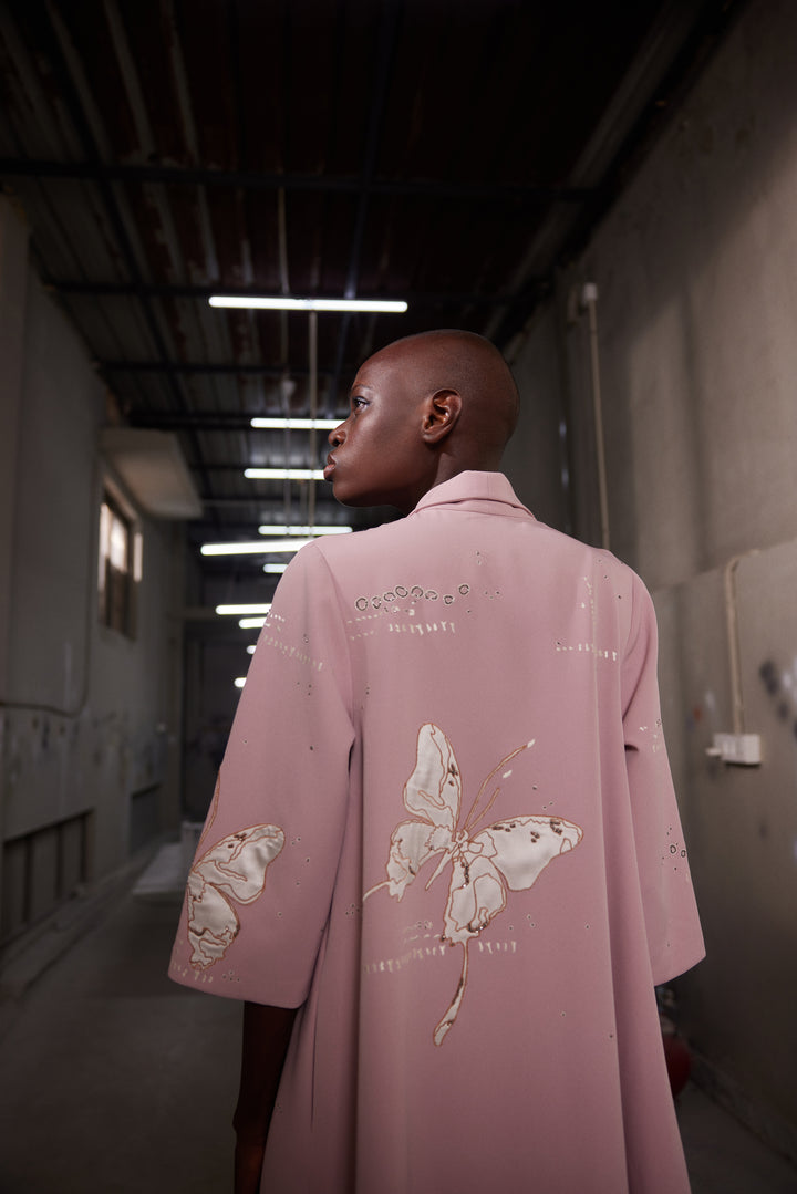 FADING BUTTERFLIES SHAWL COLLAR FLARED DRESS
