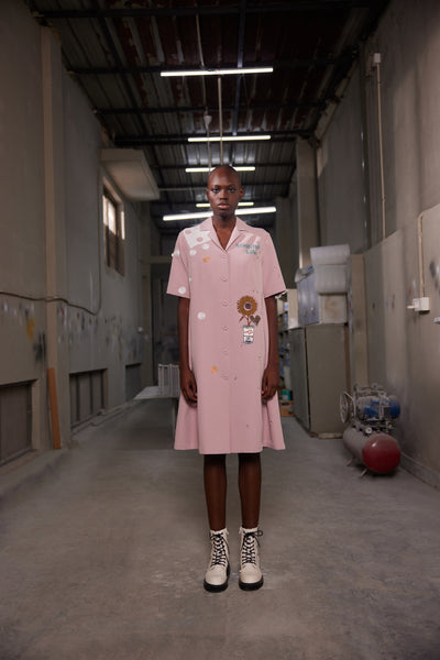 HEART , TELEPHONE AND TEXT PANELLED WAIST FRONT OPEN DRESS