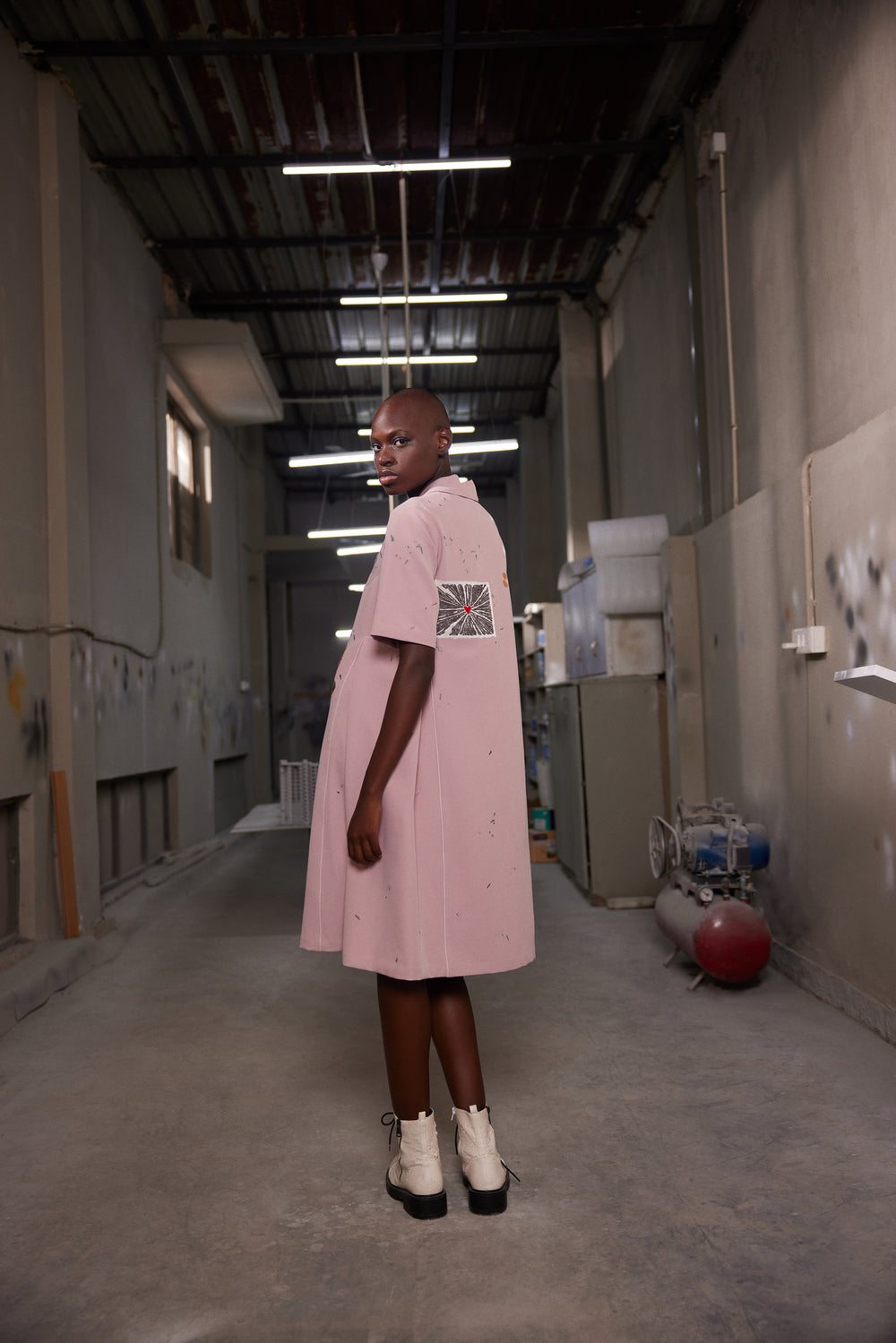 HEART , TELEPHONE AND TEXT PANELLED WAIST FRONT OPEN DRESS