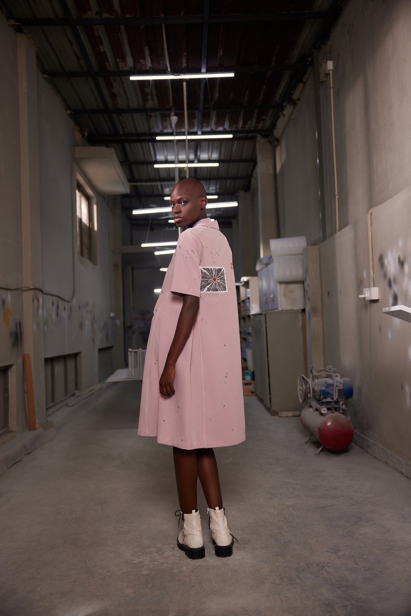 HEART , TELEPHONE AND TEXT PANELLED WAIST FRONT OPEN DRESS