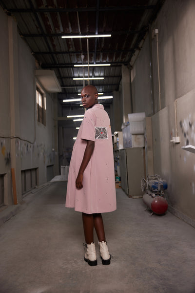 HEART , TELEPHONE AND TEXT PANELLED WAIST FRONT OPEN DRESS