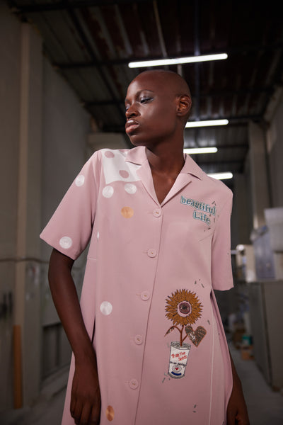 HEART , TELEPHONE AND TEXT PANELLED WAIST FRONT OPEN DRESS