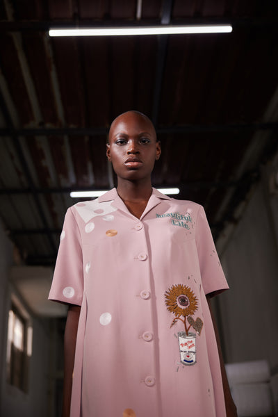 HEART , TELEPHONE AND TEXT PANELLED WAIST FRONT OPEN DRESS