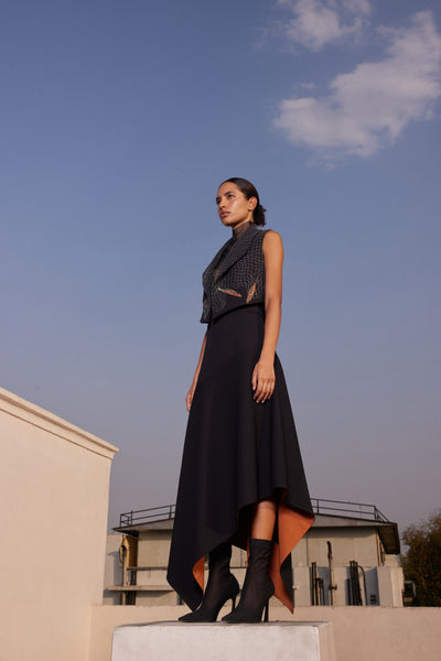 FISH IN THE NET' CROPED SLEEVELESS JACKET WITH ASYMMETRIC SKIRT