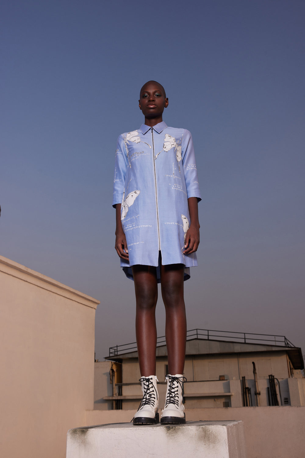 FADING BUTTERFLIES SIDE TRIANGLE SHIRT DRESS