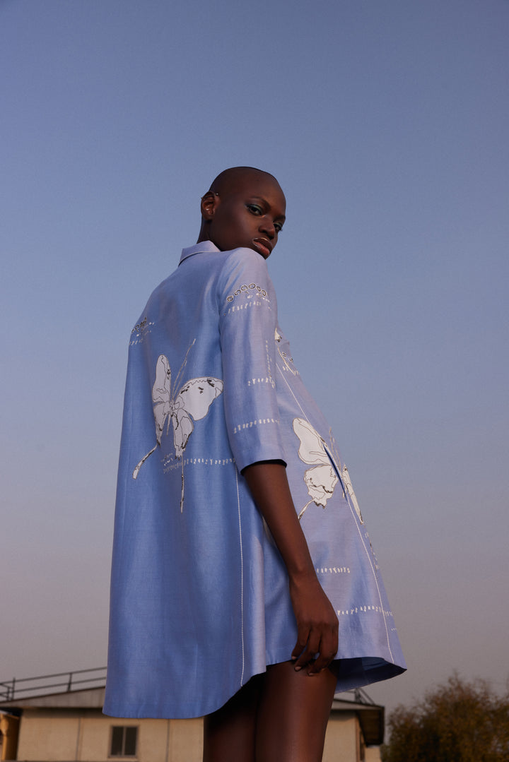 FADING BUTTERFLIES SIDE TRIANGLE SHIRT DRESS