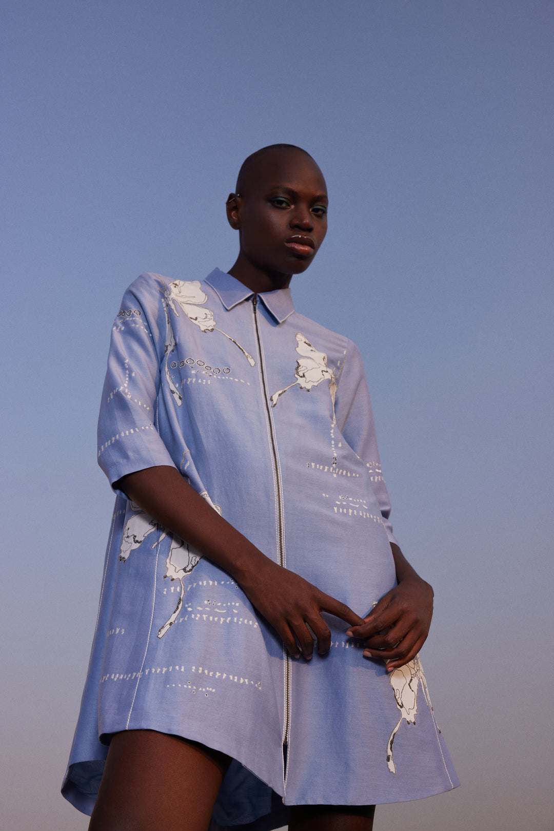 FADING BUTTERFLIES SIDE TRIANGLE SHIRT DRESS