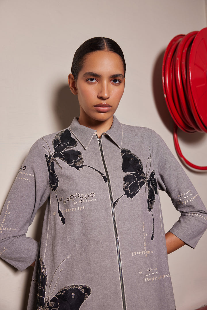 FADING BUTTERFLIES SIDE TRIANGLE SHIRT DRESS