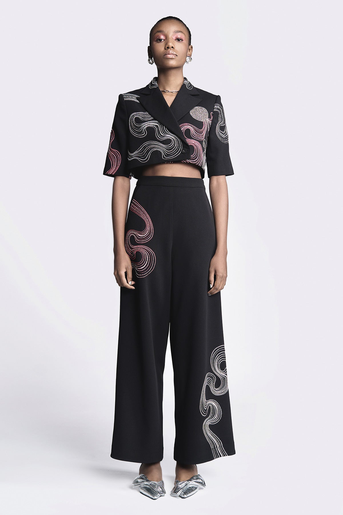 Waves and Circles Cropped Blazer With Flared Pants
