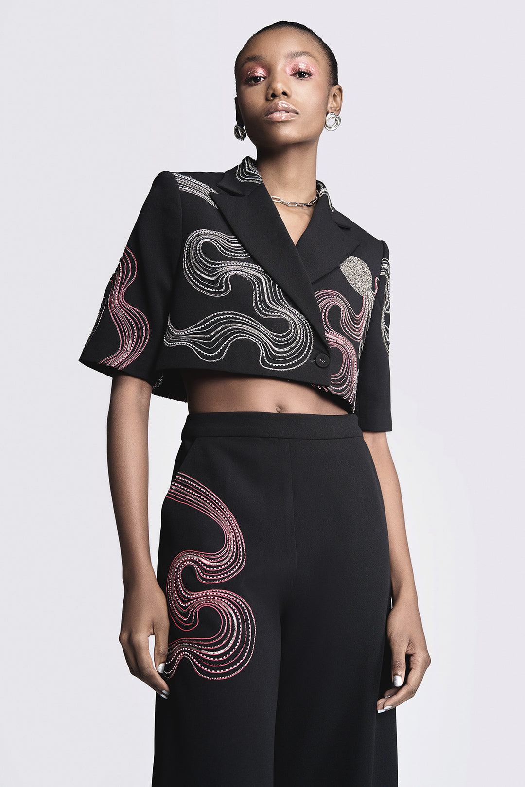 Waves and Circles Cropped Blazer With Flared Pants