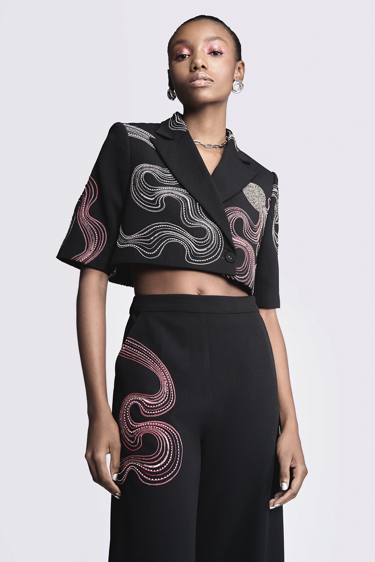 Waves and Circles Cropped Blazer With Flared Pants