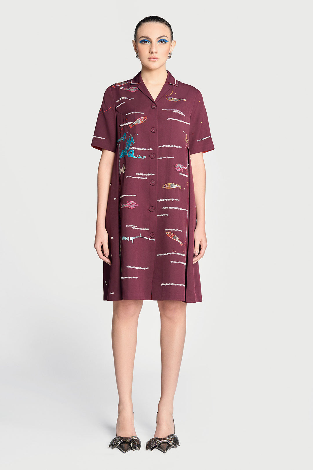 Fish and Prawn Panelled Waist Front Open Dress