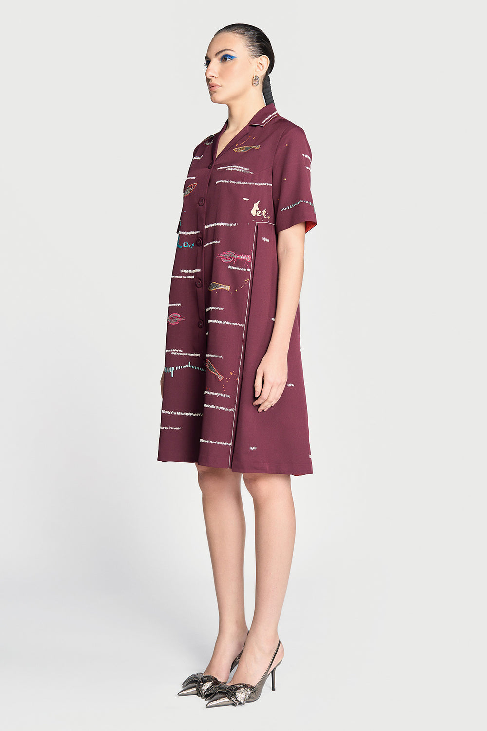Fish and Prawn Panelled Waist Front Open Dress