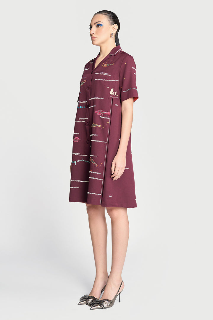 Fish and Prawn Panelled Waist Front Open Dress
