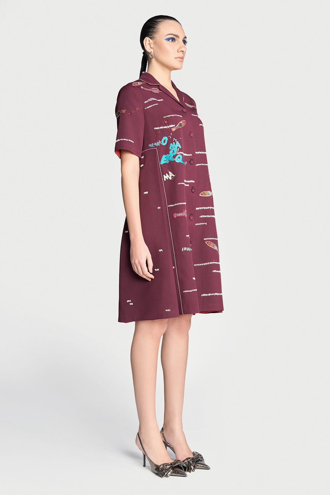 Fish and Prawn Panelled Waist Front Open Dress