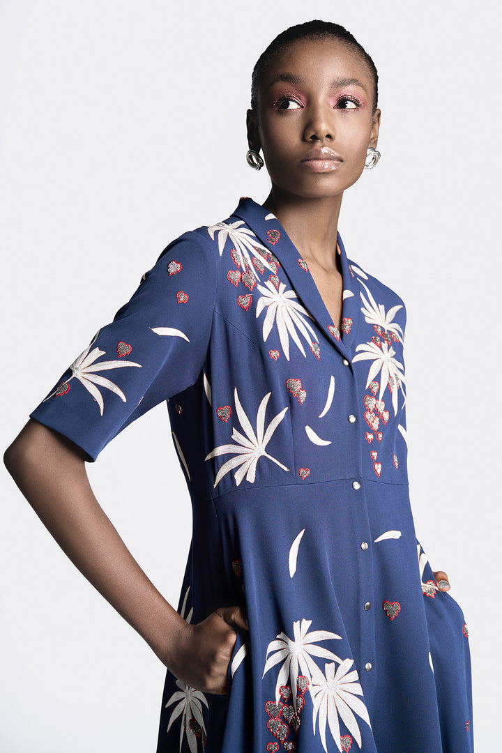 Fruit and Leaf Shawl Collar Dress