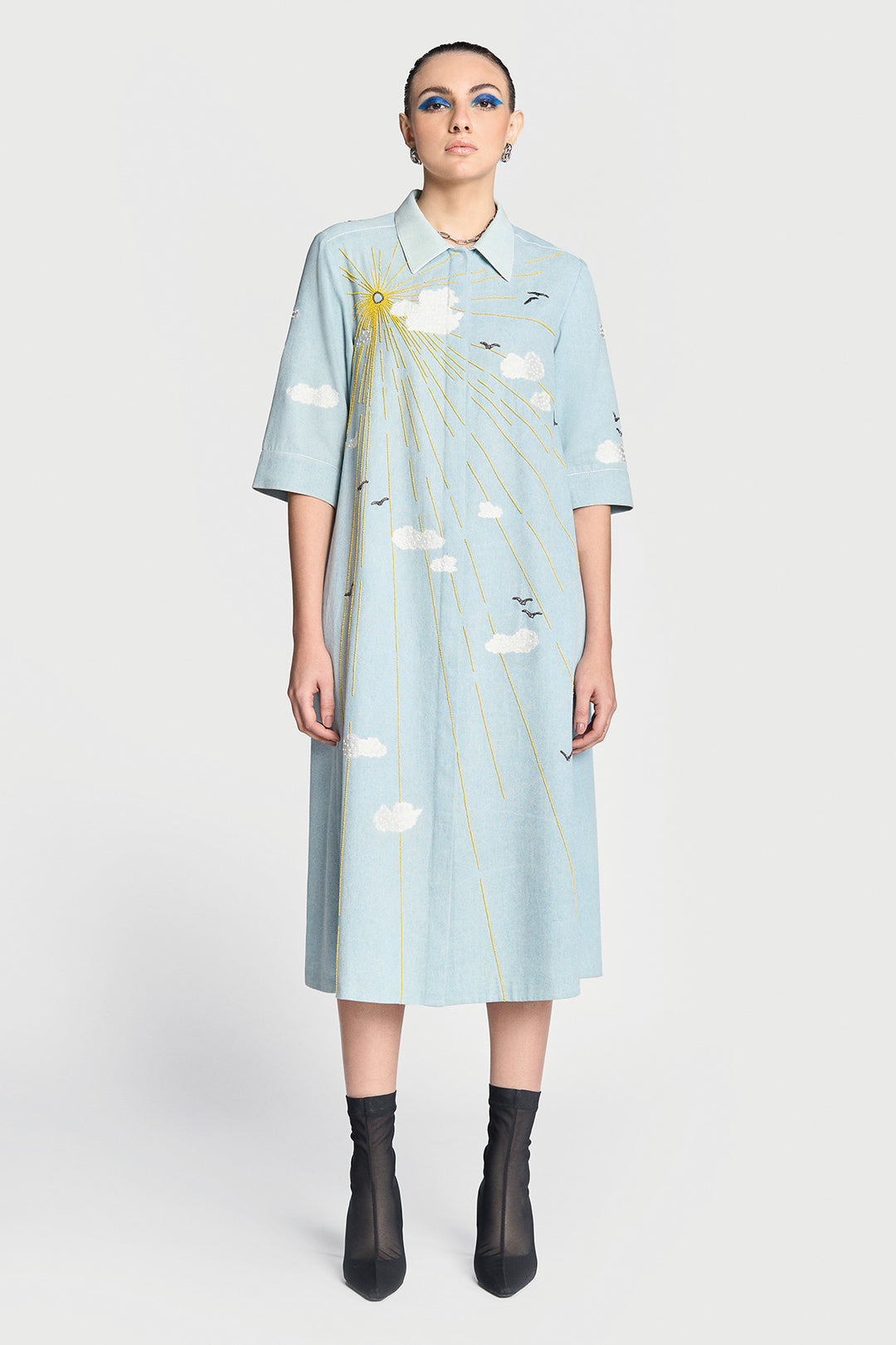 Sun,clouds & Birds Front Open Flared Dress