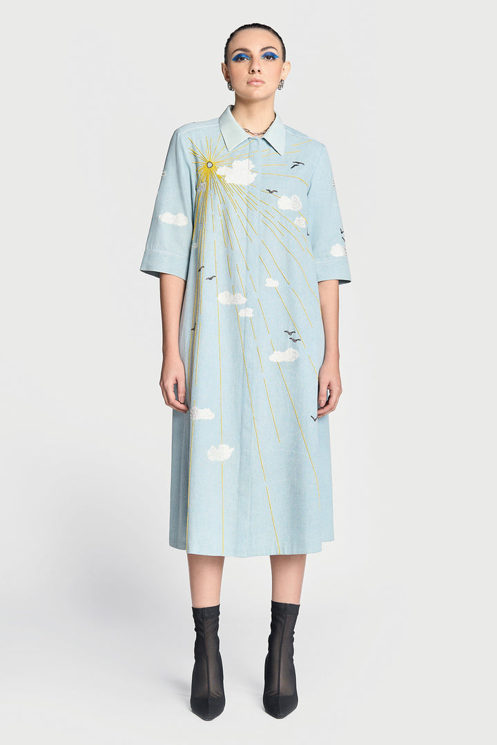 Sun,clouds &amp; Birds Front Open Flared Dress