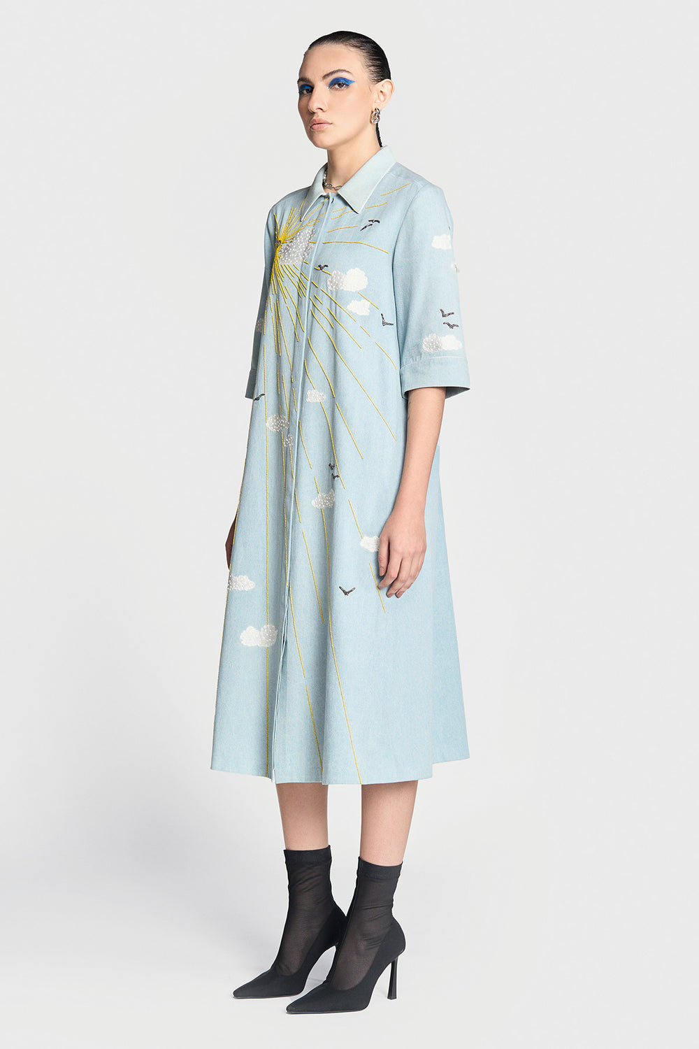 Sun,clouds & Birds Front Open Flared Dress