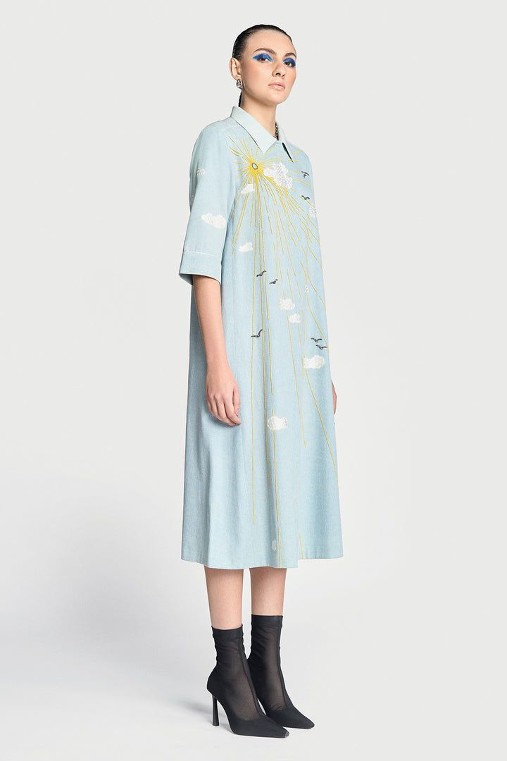 Sun,clouds &amp; Birds Front Open Flared Dress
