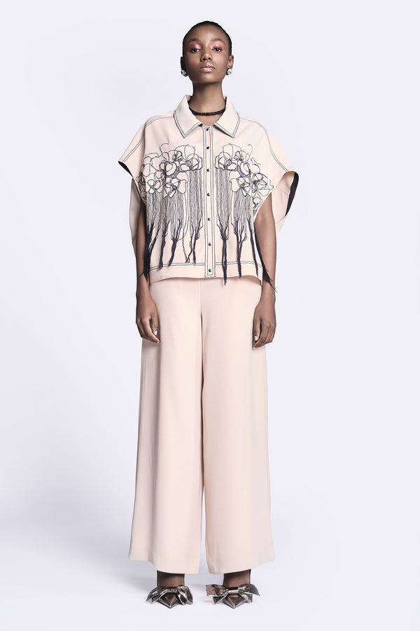 Abstract Roses Oversized Shirt Jacket With Flared Pants