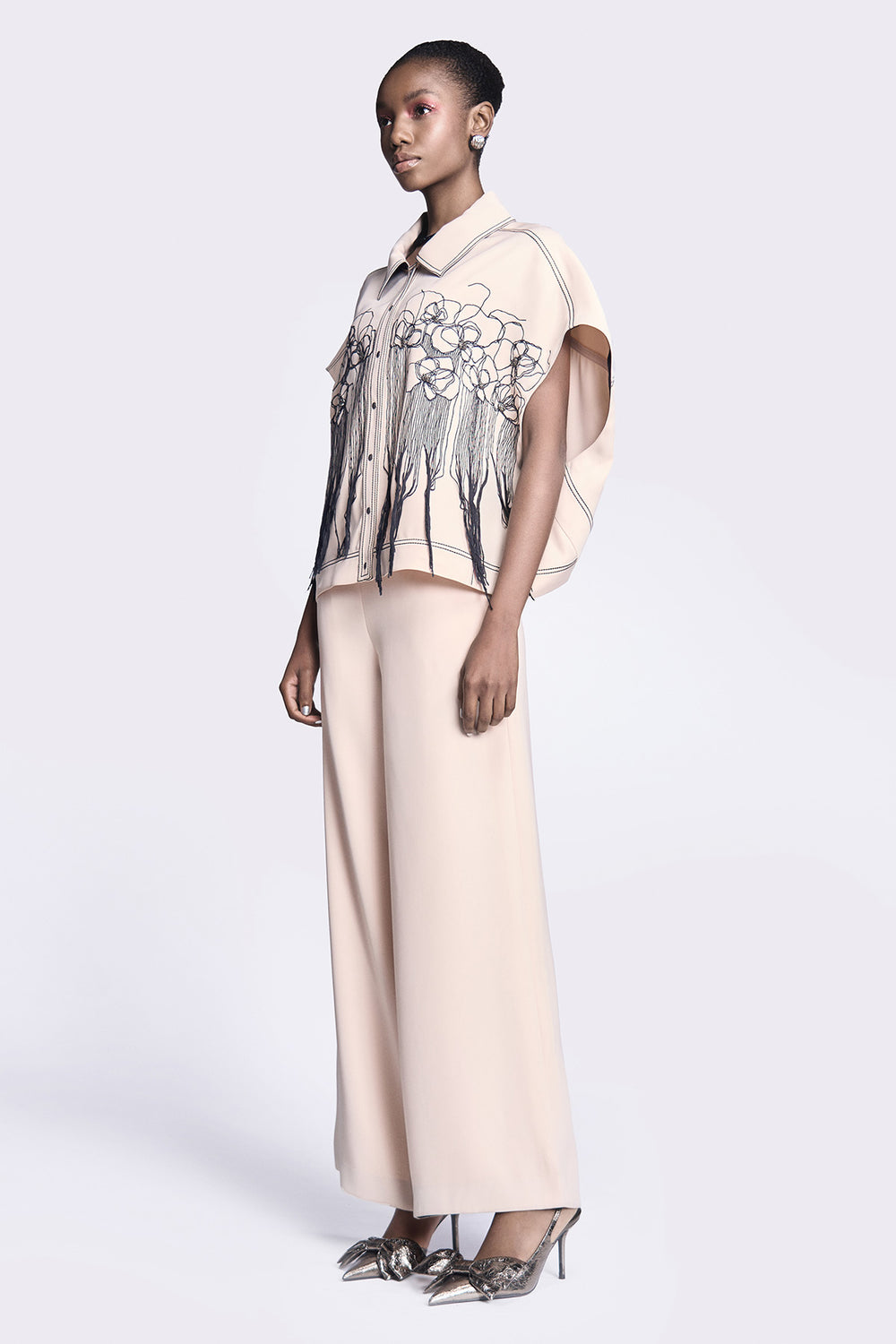 Abstract Roses Oversized Shirt Jacket With Flared Pants
