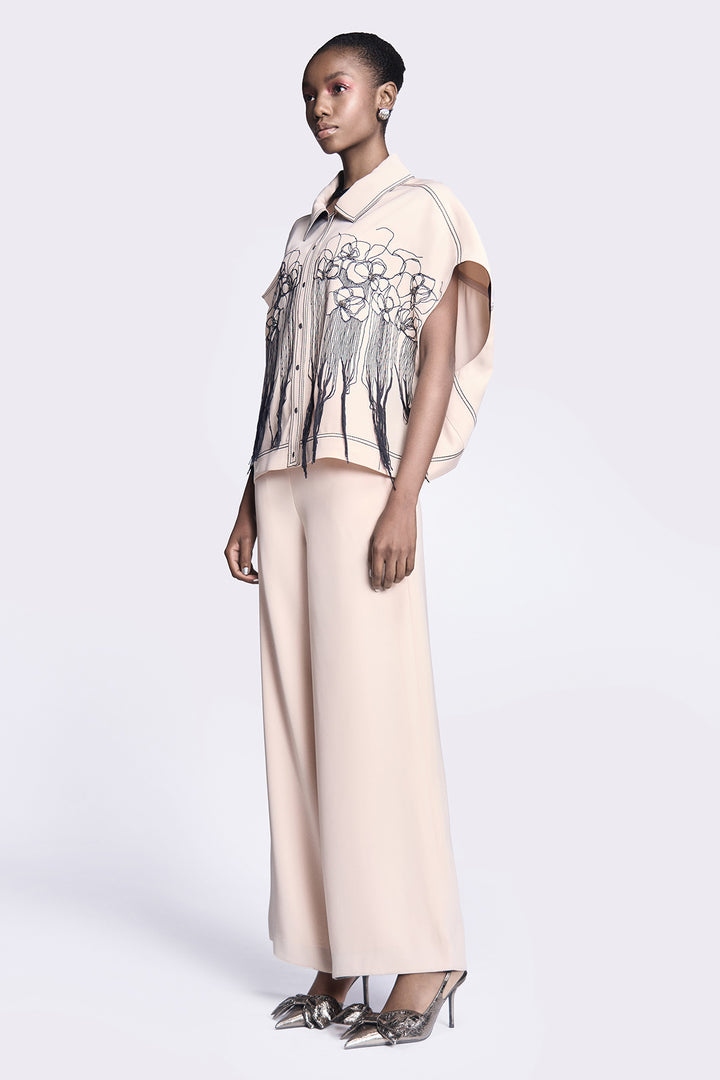 Abstract Roses Oversized Shirt Jacket With Flared Pants