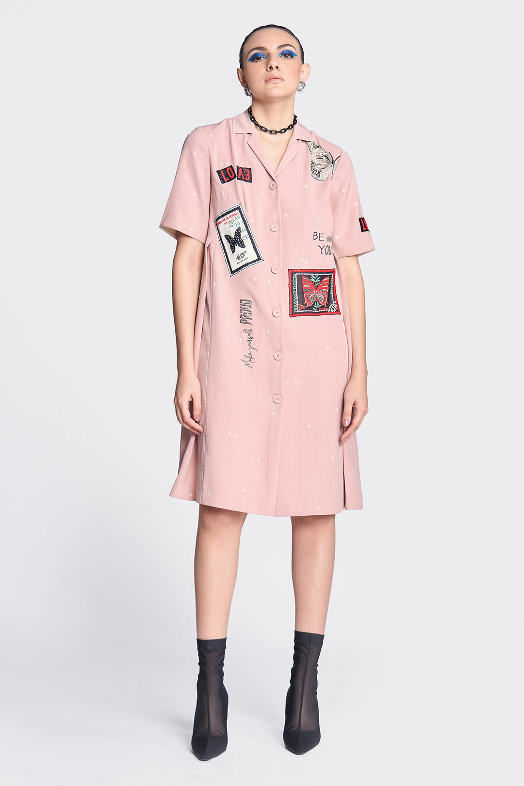 Butterfly Stamp Panelled Waist Front Open Dress