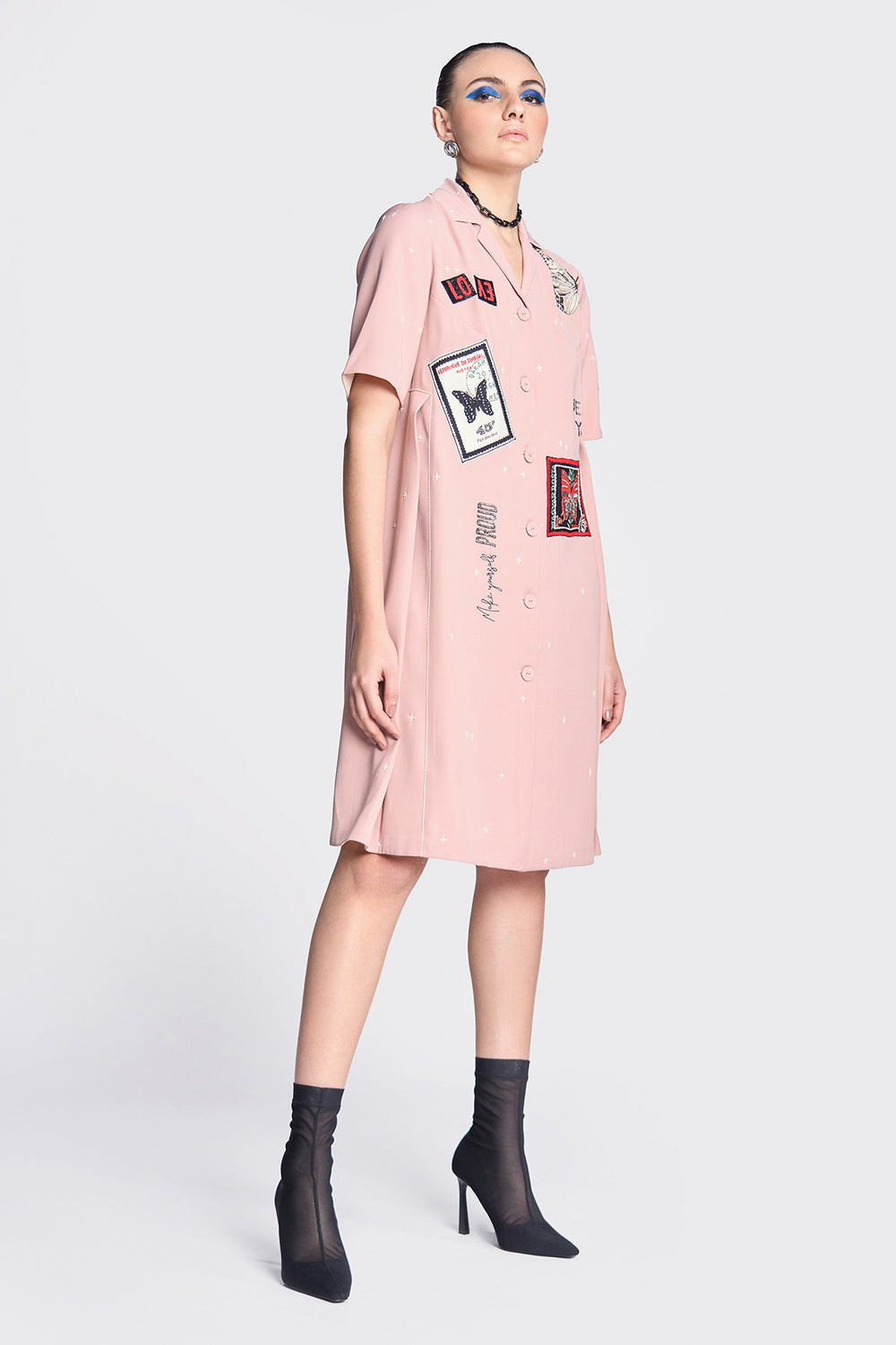 Butterfly Stamp Panelled Waist Front Open Dress