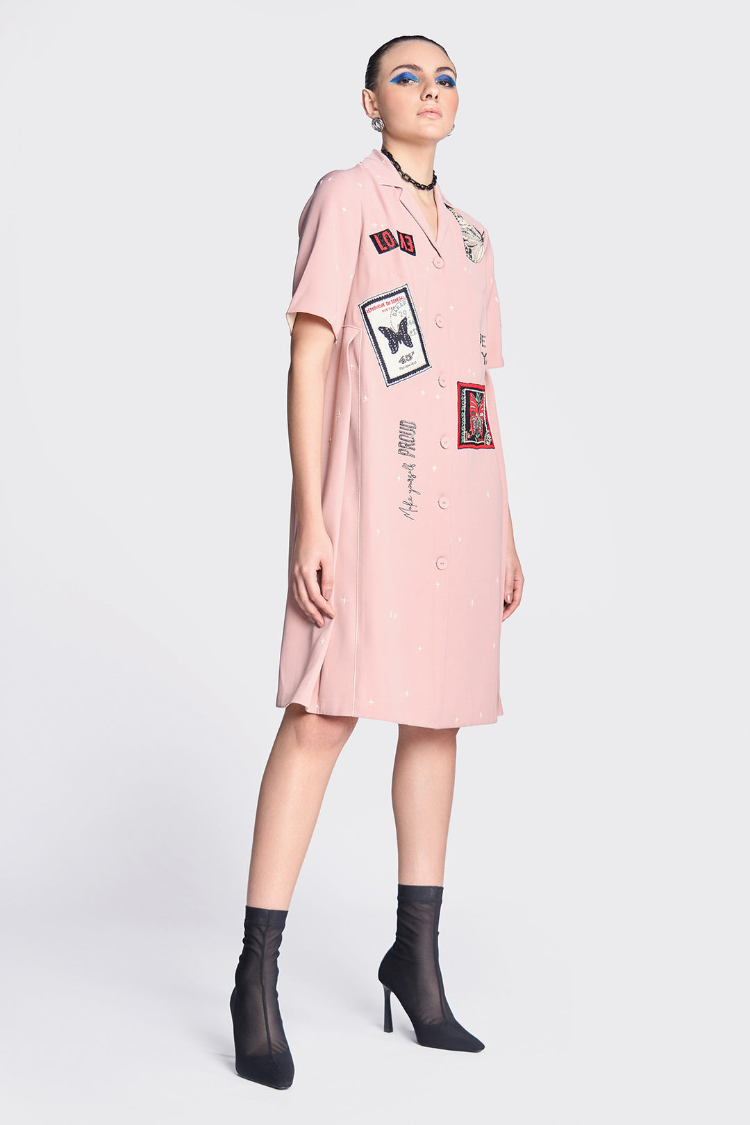 Butterfly Stamp Panelled Waist Front Open Dress