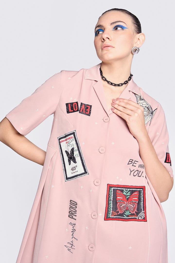 Butterfly Stamp Panelled Waist Front Open Dress