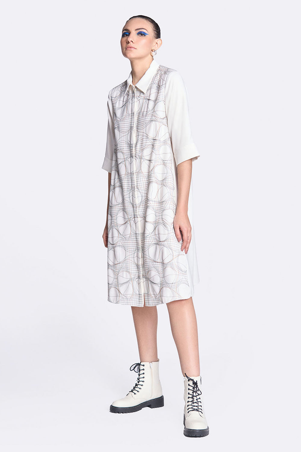 Distorted Checks Front Open Flared Dress
