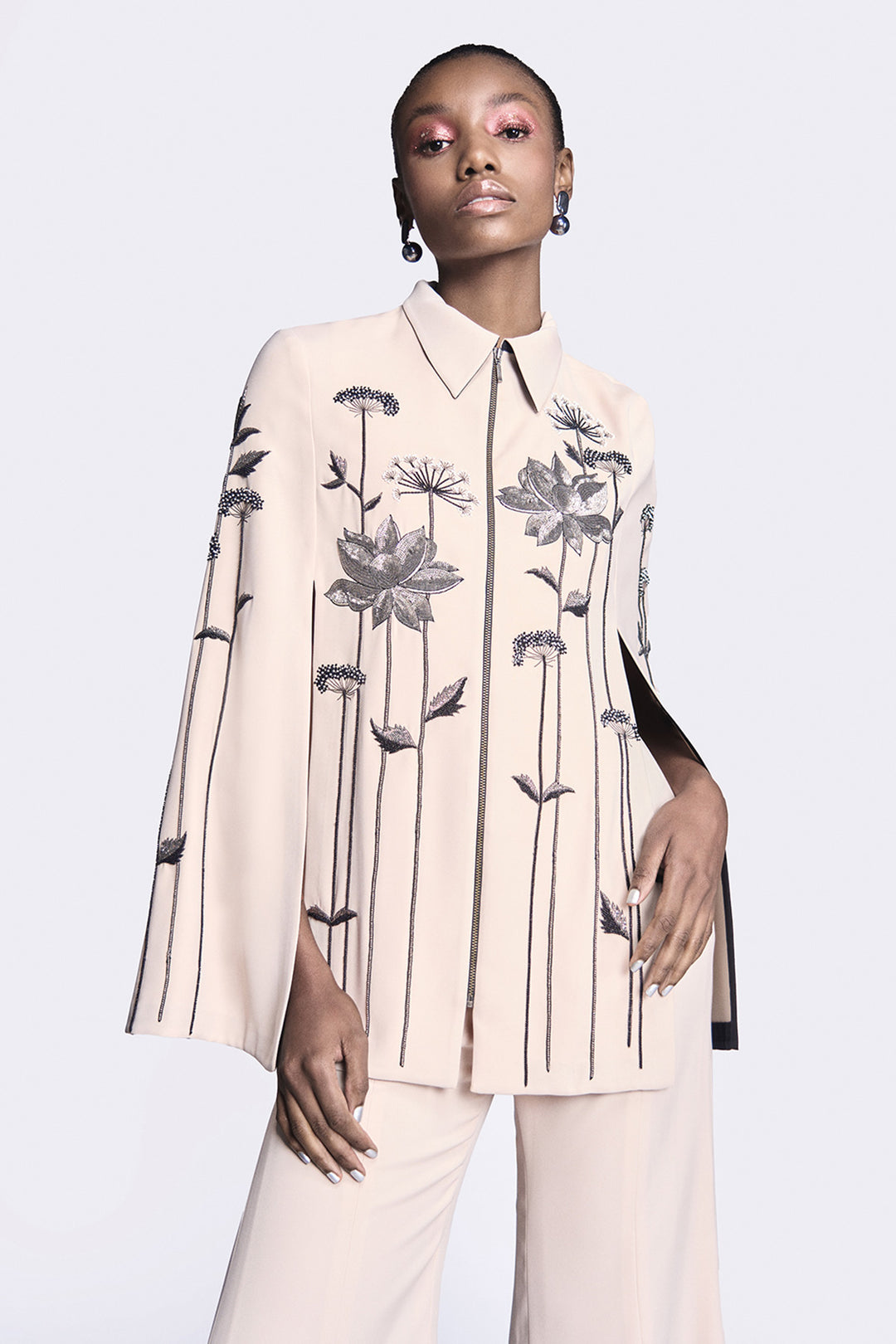 Metallic Lotus Cape With Bell Bottom Pants