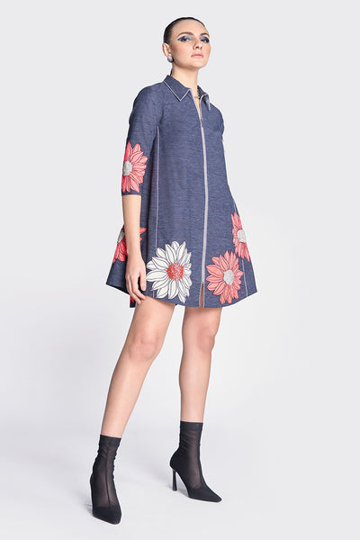 Flower Applique Side Triangle Shirt Dress