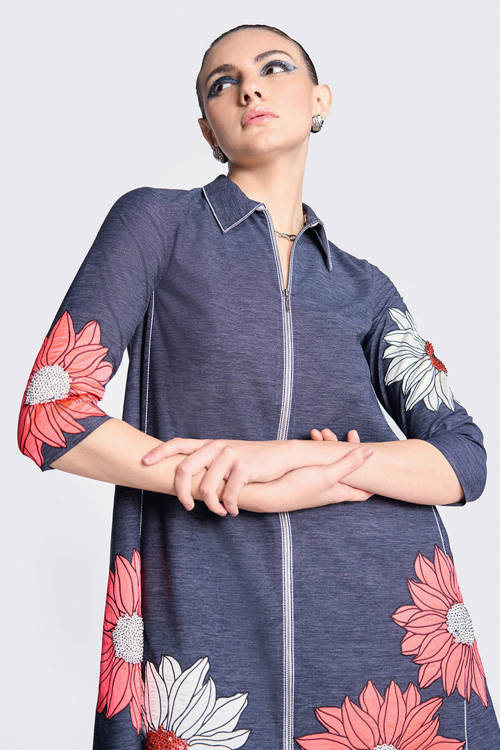 Flower Applique Side Triangle Shirt Dress