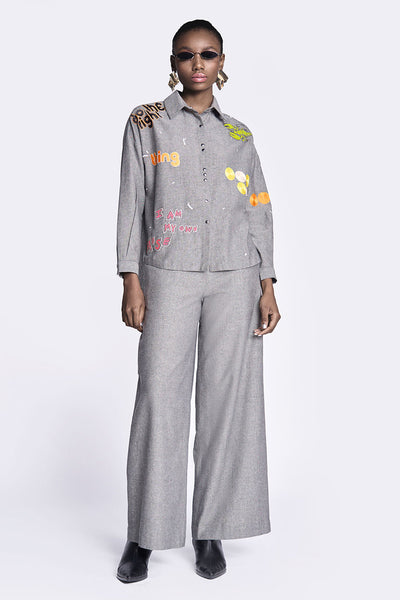 Circles and Crab Drop Shoulder Asymmetric Shirt With Flared Pants