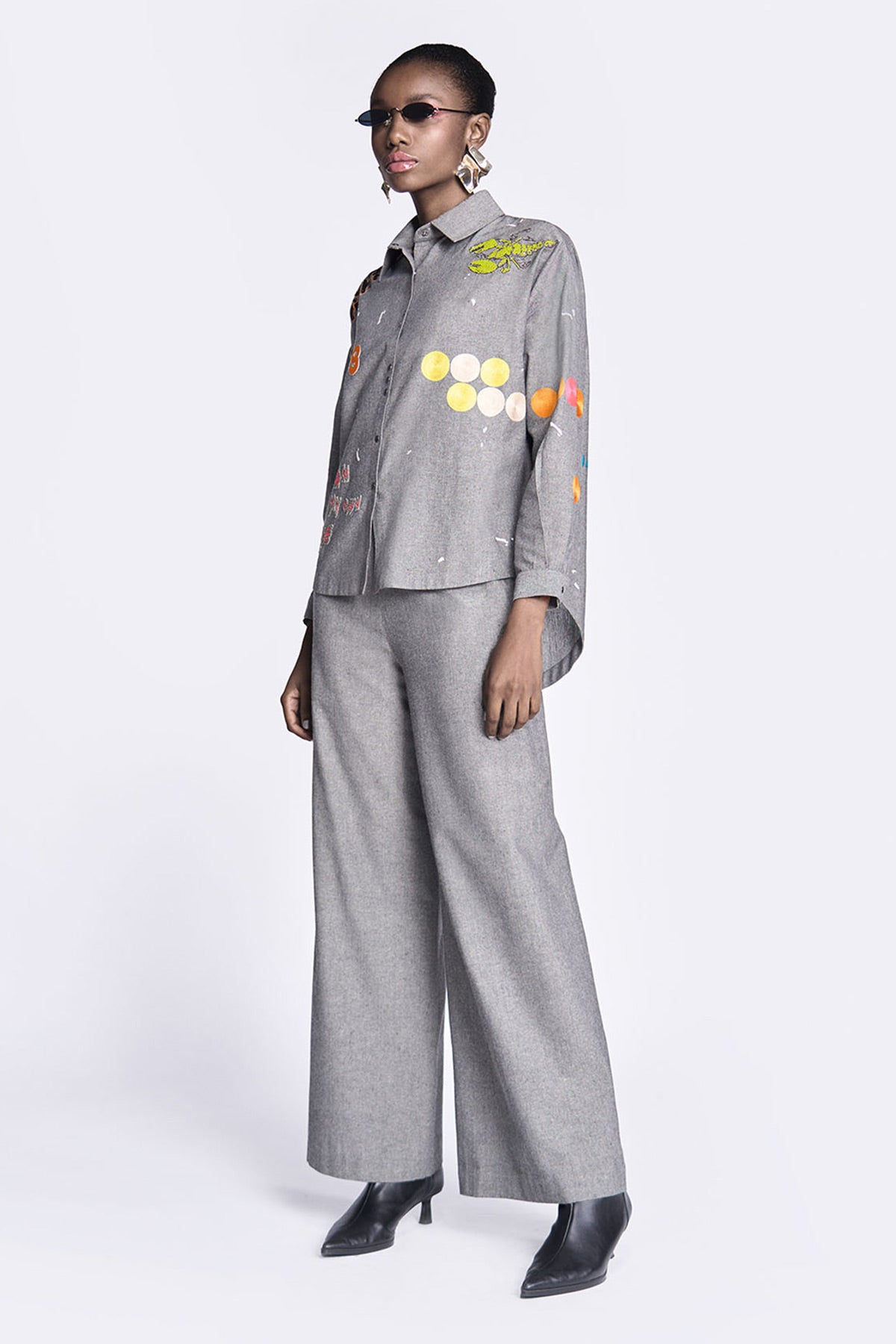 Circles and Crab Drop Shoulder Asymmetric Shirt With Flared Pants